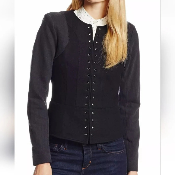 Joe’s Jeans Black Wool Cropped Fitted Hook & Eye Collarless Moto Jacket Large - Picture 1 of 7